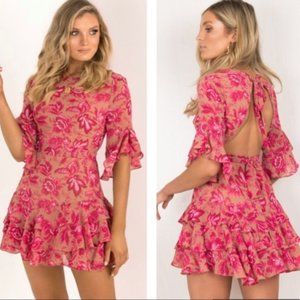 NWT SUNDAE MUSE "Christy" Pink & Brown Floral Crepe Open-Back Ruffle Dress, US 6